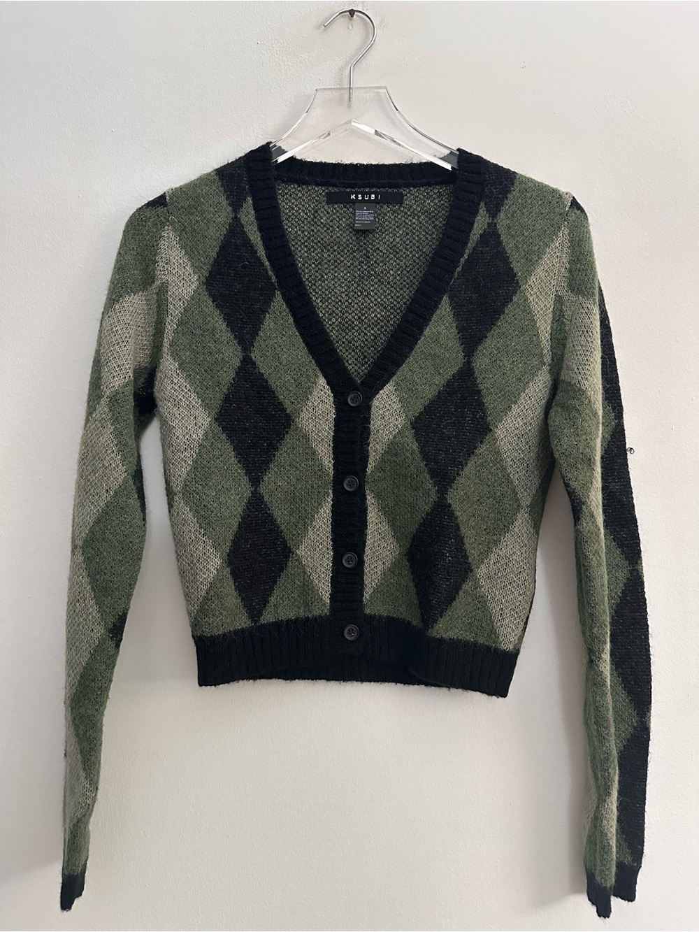 Ksubi Argyle Crop Cardigan Sweater Green Black Knit V-Neck Size Small button up